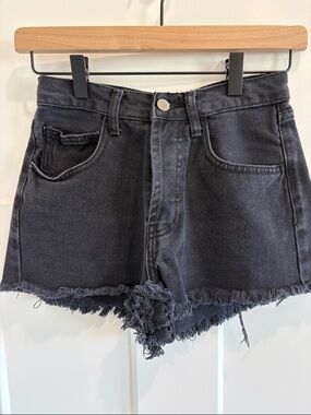 Washed Black Frayed Hem High-Rise Denim Shorts